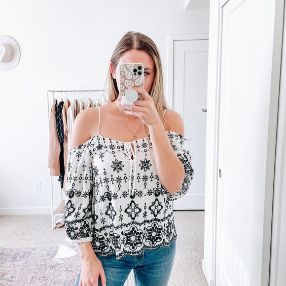 DEVLIN Revolve White Black Floral Embroidered Off Shoulder Top - Picture 3 of 11